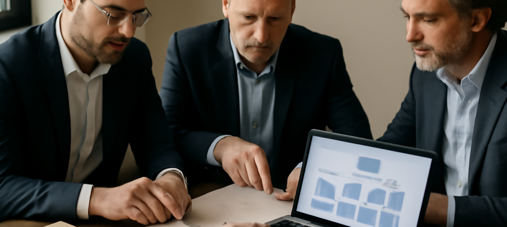 Consulente fiscale e due imprenditori esaminano documenti e grafici su un laptop in una sala riunioni moderna