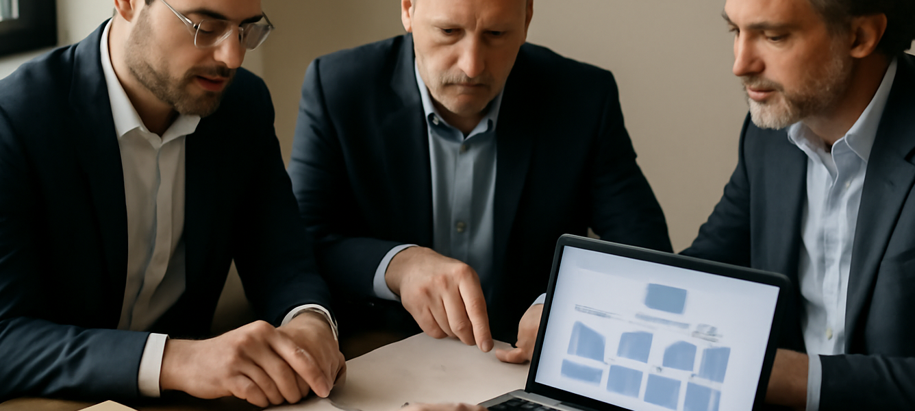 Conferimento congiunto: Consulente fiscale e due imprenditori esaminano documenti e grafici