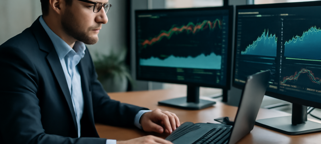 Professionista della finanza in ufficio con grafici di mercato, monitor e report sui dividendi globali record e impatto