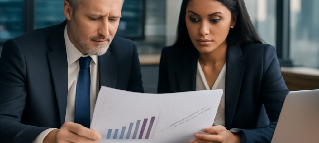 Imprenditore e consulente fiscale esaminano un dossier su società che pagano più dividendi al mondo in un ufficio
