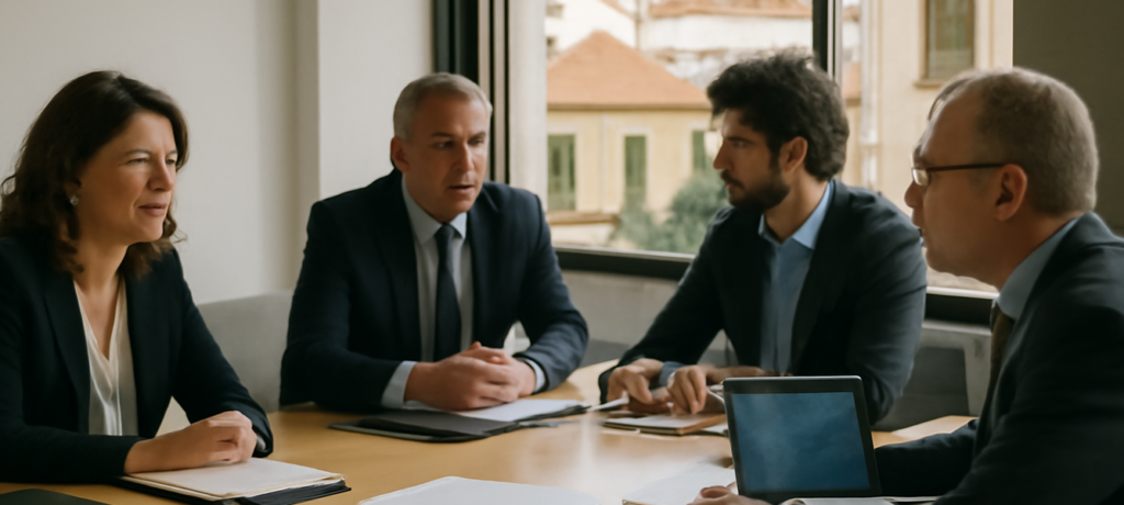 Farmers Elite Global holding spagnola: manager in sala riunioni discutono una operazione di M&A e strategia societaria