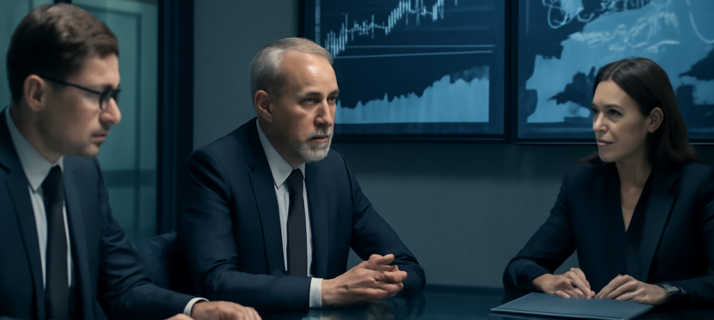 CEO e due dirigenti in sala riunioni osservano grafici e mappa logistica per l’acquisizione Delivery Hero da parte di
