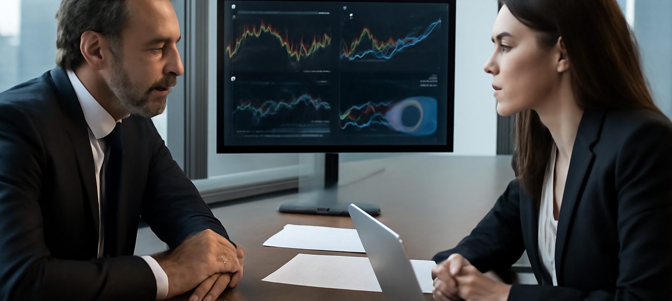 previsioni Banca March sulle Borse europee e statunitensi: imprenditore e consulente osservano grafici finanziari in