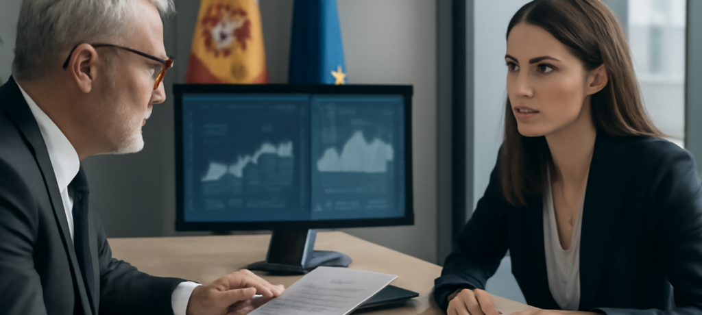 Consulenti in ufficio analizzano grafici e documenti sui benefici fiscali da tagliare in Spagna 2026 Hacienda