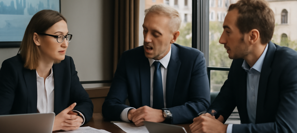 Cobega risultati 2025 holding familiare Spagna: manager e consulente discutono in sala riunioni moderna con grafici