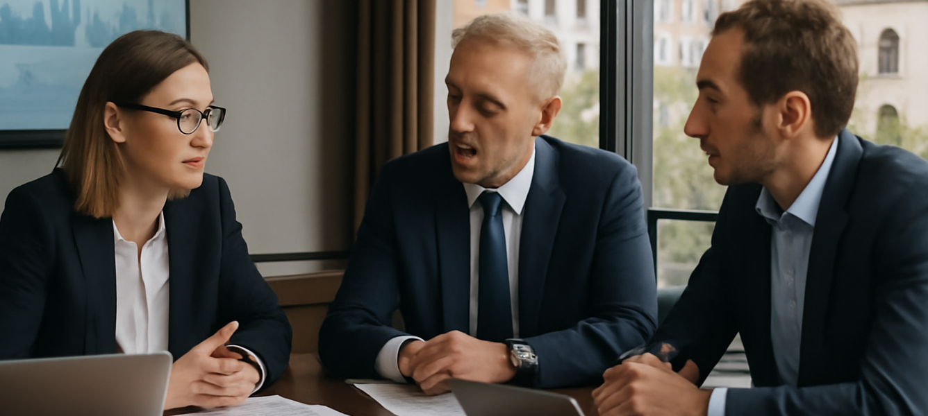 Cobega risultati 2025 holding familiare Spagna: manager e consulente discutono in sala riunioni moderna con grafici