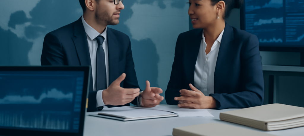 Ufficio compliance con due professionisti e grafici: requisiti di capitale BCE banche con attività nei Paesi terzi