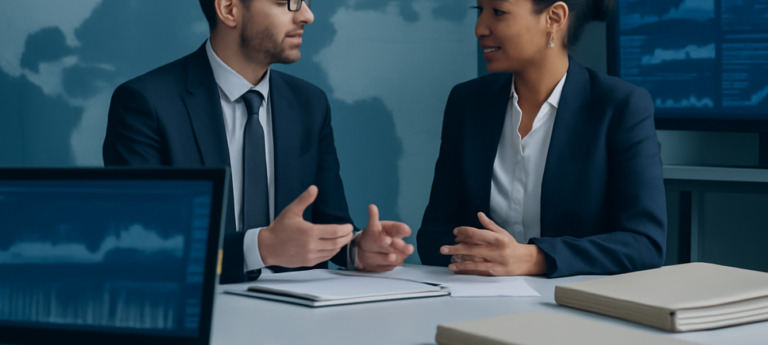 Ufficio compliance con due professionisti e grafici: requisiti di capitale BCE banche con attività nei Paesi terzi