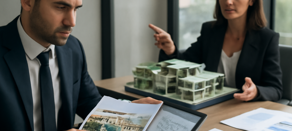 Professionista consulta dossier su investire in seconde case in copropietà in Spagna in uno studio legale-finanziario