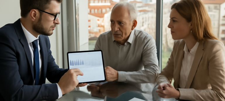 Consulente mostra su tablet un decreto casa Spagna agevolazioni fiscali affitti a proprietario e manager immobiliare