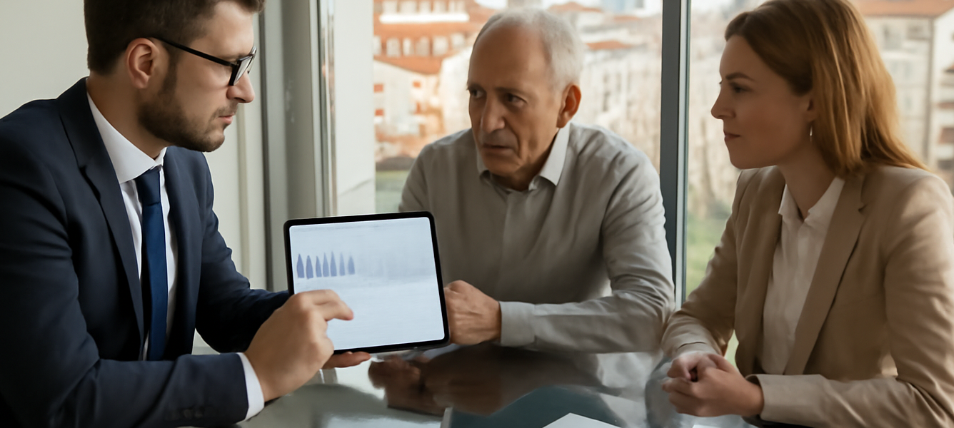 Consulente mostra su tablet un decreto casa Spagna agevolazioni fiscali affitti a proprietario e manager immobiliare