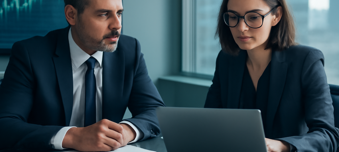 Imprenditore e consulente fiscale in ufficio con laptop e grafici: dividendi banche spagnole e rendimento Ibex 35