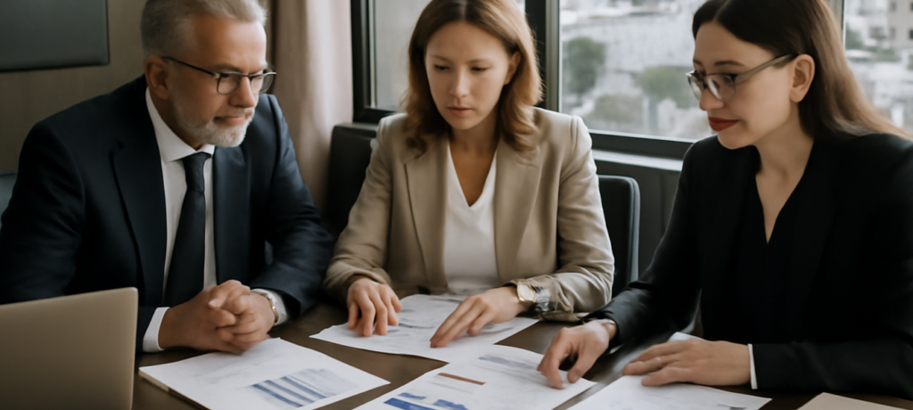 Riunione strategica su dividendi holding familiare Mango Punta Na con grafici, bilanci e laptop in sala consigli