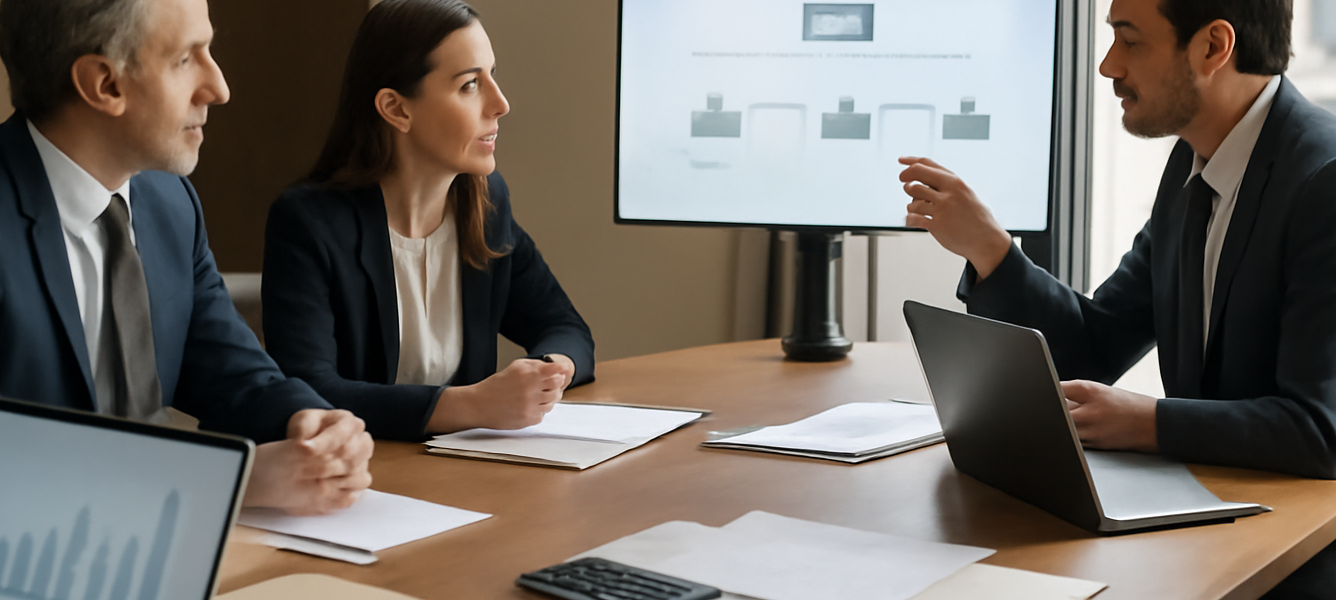 Professionisti in sala riunioni discutono di dividendi da holding familiare in Spagna davanti a grafici finanziari e