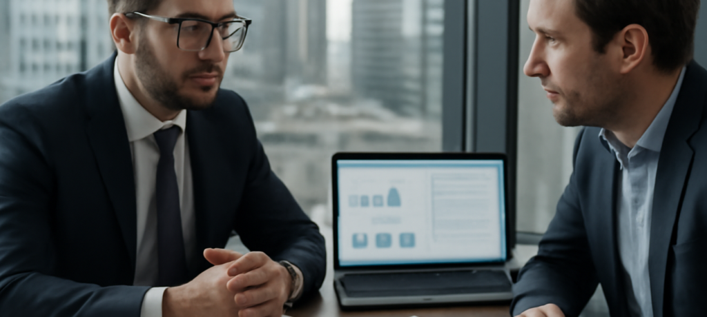 Consulente fiscale e imprenditore in ufficio moderno con grafici, documenti e analisi sui dividendi Santander e Inditex