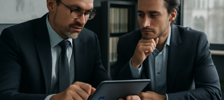 Consulente e imprenditore analizzano su tablet i dividendi di settembre BP Shell Eni e NatWest in ufficio moderno