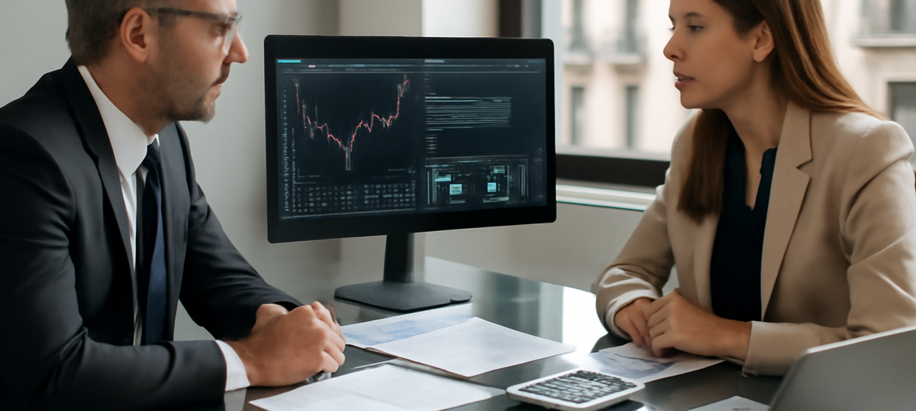 data stacco dividendo Santander 28 ottobre 2026: consulente e imprenditrice valutano grafici finanziari in ufficio