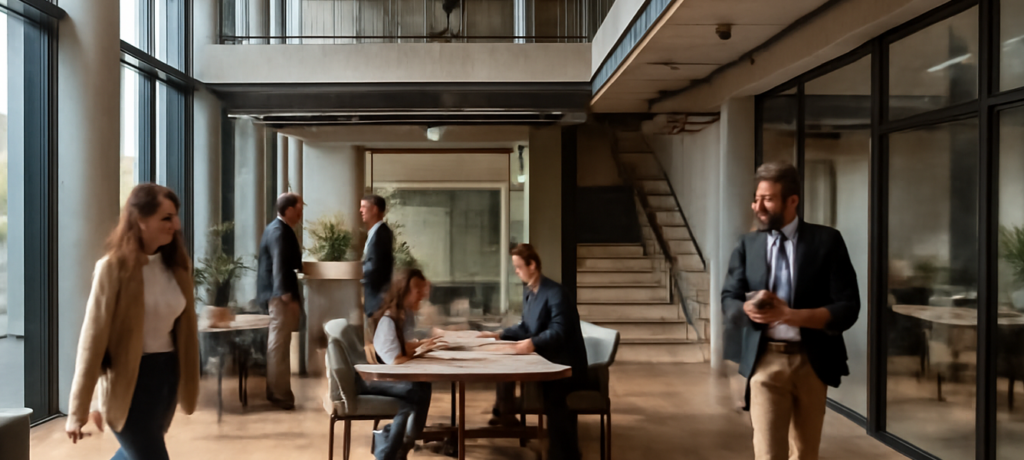El holding Angels Edem Marina de Empresas en un campus moderno con emprendedores en espacios de trabajo y reuniones