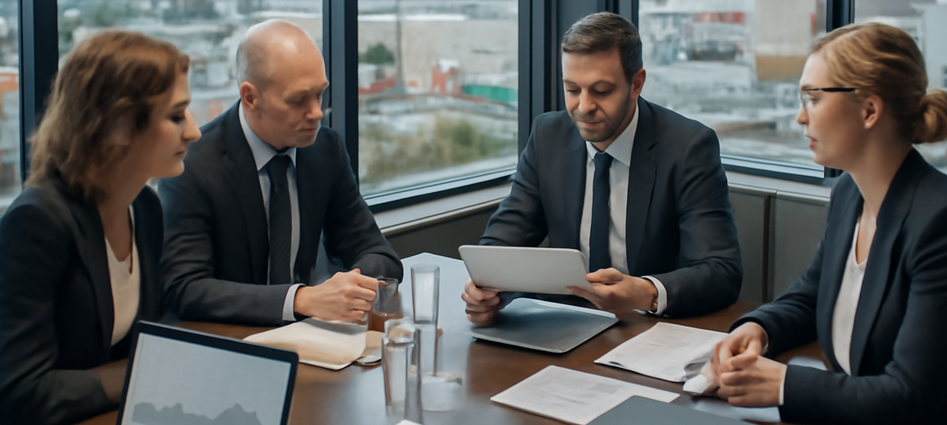 Sala riunioni moderna con manager e consulenti su holding spagnola acquisizione Ollie Pets finanziamento sindacato