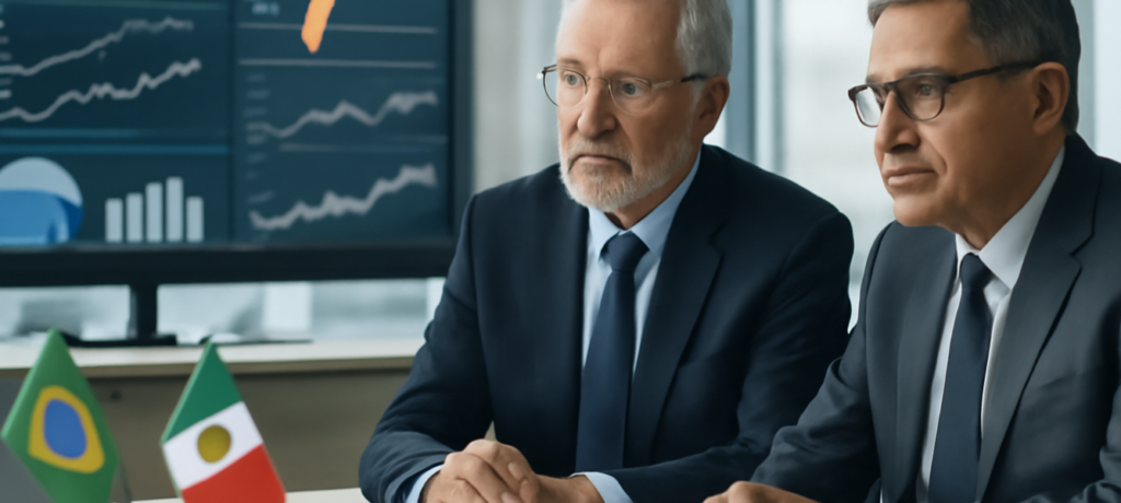 Due professionisti analizzano investimenti delle imprese spagnole in Brasile e Messico in un ufficio corporate con
