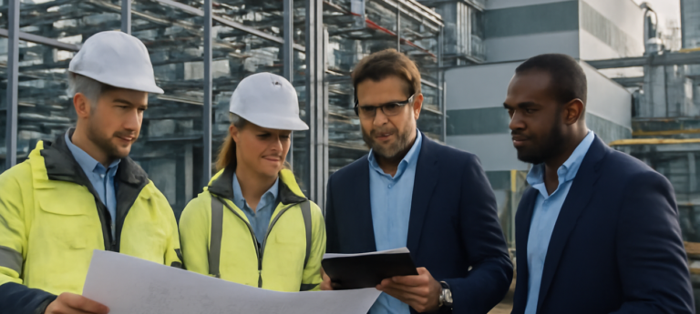Ingegneri e manager osservano la joint venture Volkswagen Gotion gigafactory batterie Sagunto in un impianto industriale