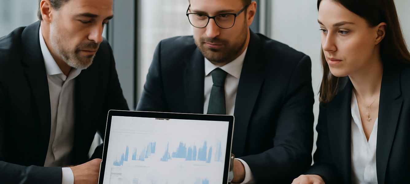Consulente patrimoniale con imprenditore e compliance in ufficio, su laptop il Mapfre unit linked dividendi Stati Uniti