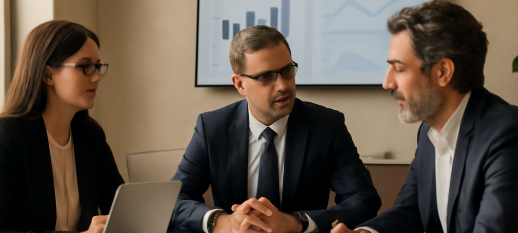 Consulenti fiscali e imprenditore italiano in un ufficio moderno in Spagna, con obblighi fiscali stabile organizzazione