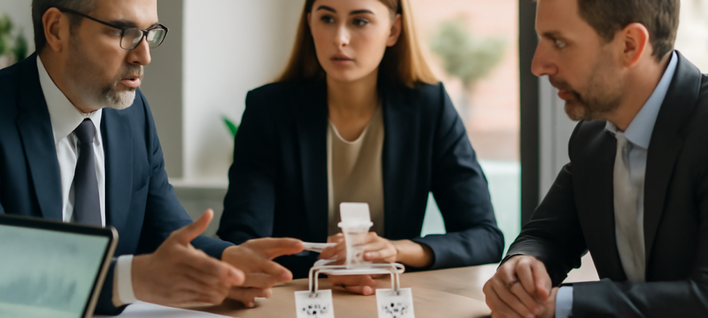 Riunione in ufficio su riorganizzazione holding familiare e distribuzione dividendi società spagnola, con laptop e