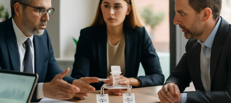Riunione in ufficio su riorganizzazione holding familiare e distribuzione dividendi società spagnola, con laptop e