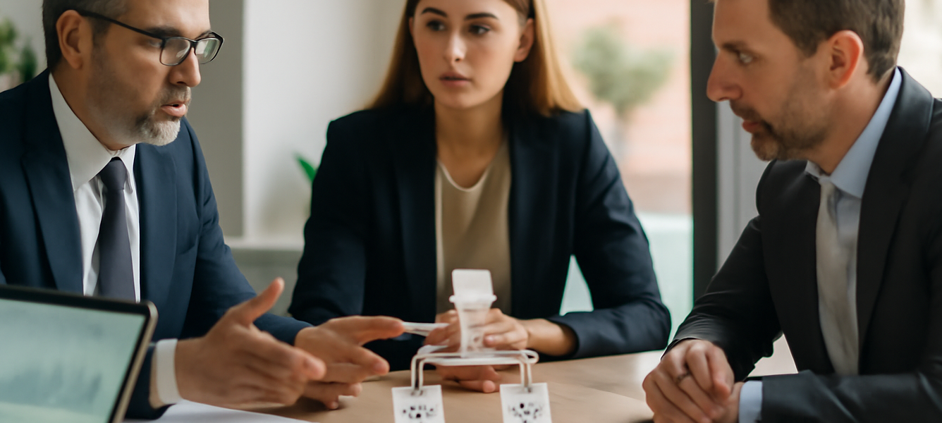 Riunione in ufficio su riorganizzazione holding familiare e distribuzione dividendi società spagnola, con laptop e