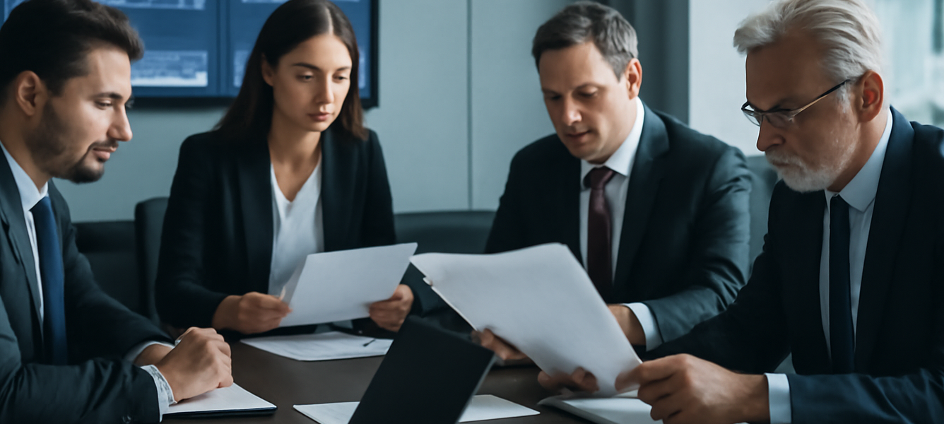 acquisizione del 100 di Mobico da holding spagnola: dirigenti analizzano documenti e grafici in riunione corporate