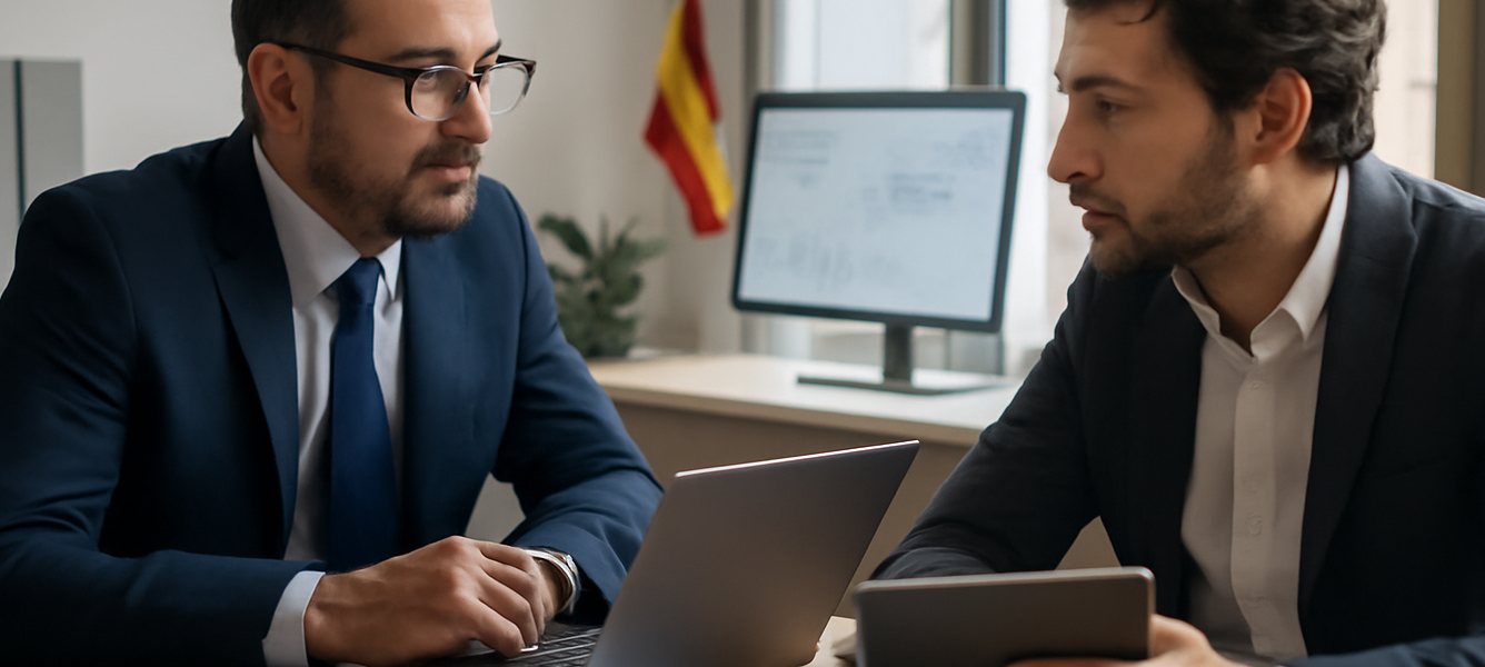 Consulente fiscale e investitore discutono del conto di investimento con incentivi fiscali in Spagna in uno studio
