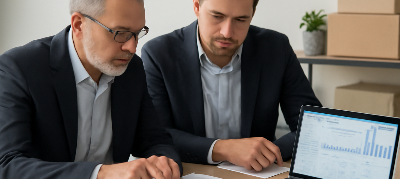 Commercialista e imprenditore esaminano documenti fiscali con laptop e imballaggi riciclati; codice tributo 7078 credito