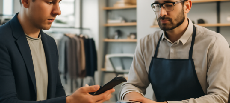 Cliente paga con smartphone al POS in un negozio in Spagna, con ING Bizum Pay pagamenti nei negozi fisici Spagna