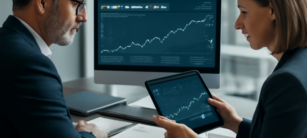 investitori spagnoli in Nvidia fondi e sicav: due professionisti osservano grafici di portafoglio su monitor in un desk