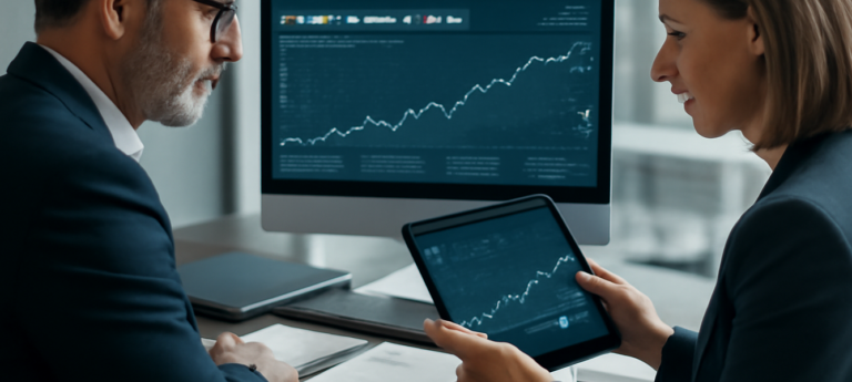 investitori spagnoli in Nvidia fondi e sicav: due professionisti osservano grafici di portafoglio su monitor in un desk