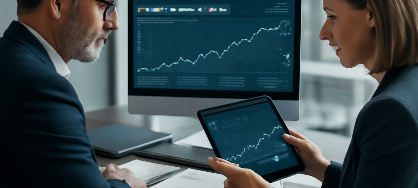 investitori spagnoli in Nvidia fondi e sicav: due professionisti osservano grafici di portafoglio su monitor in un desk