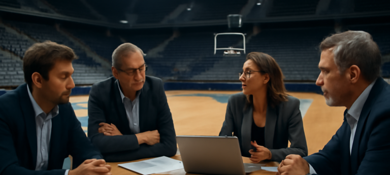 Riunione strategica nel palazzetto dopo partita sulla vendita del Joventut de Badalona a Confluence Valley