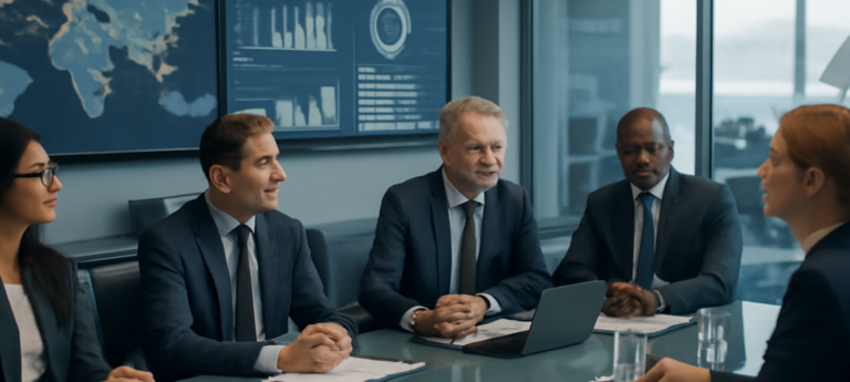 Lufthansa holding TAP ITA Airways: executive in riunione su mappe rotte e dashboard in un centro operativo aeroportuale