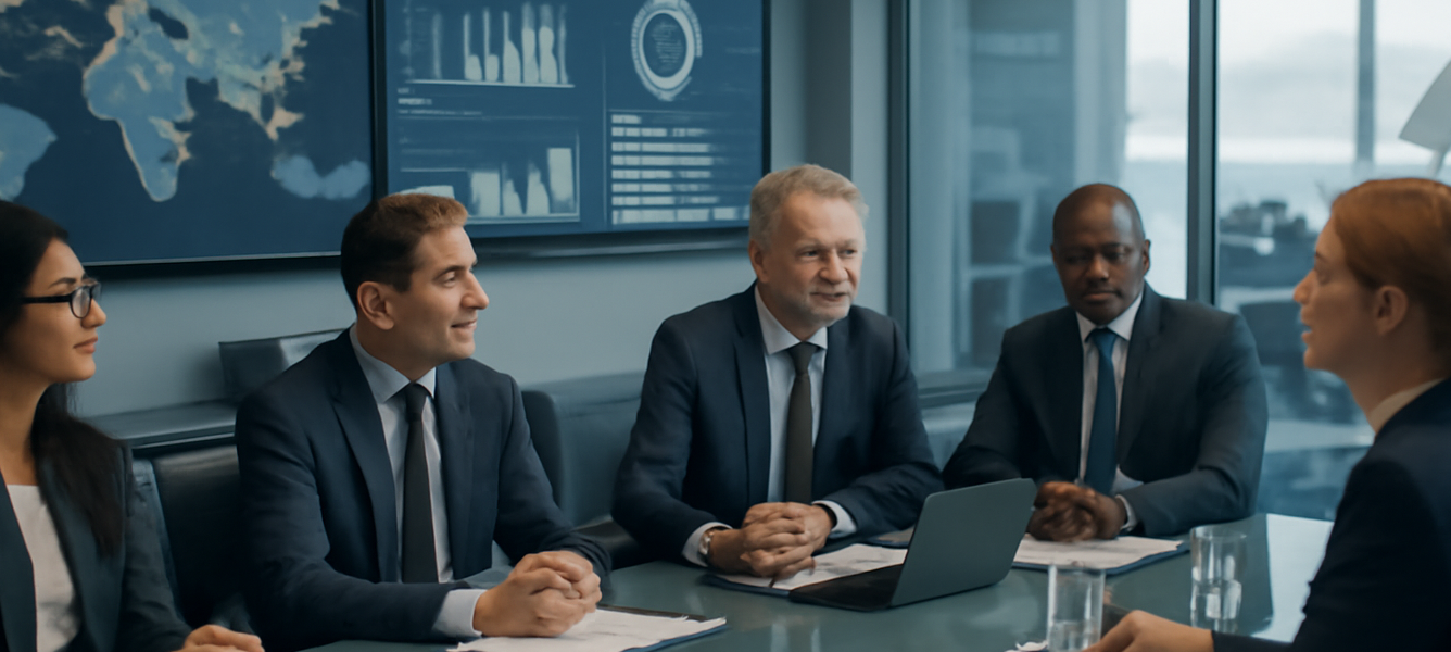 Lufthansa holding TAP ITA Airways: executive in riunione su mappe rotte e dashboard in un centro operativo aeroportuale
