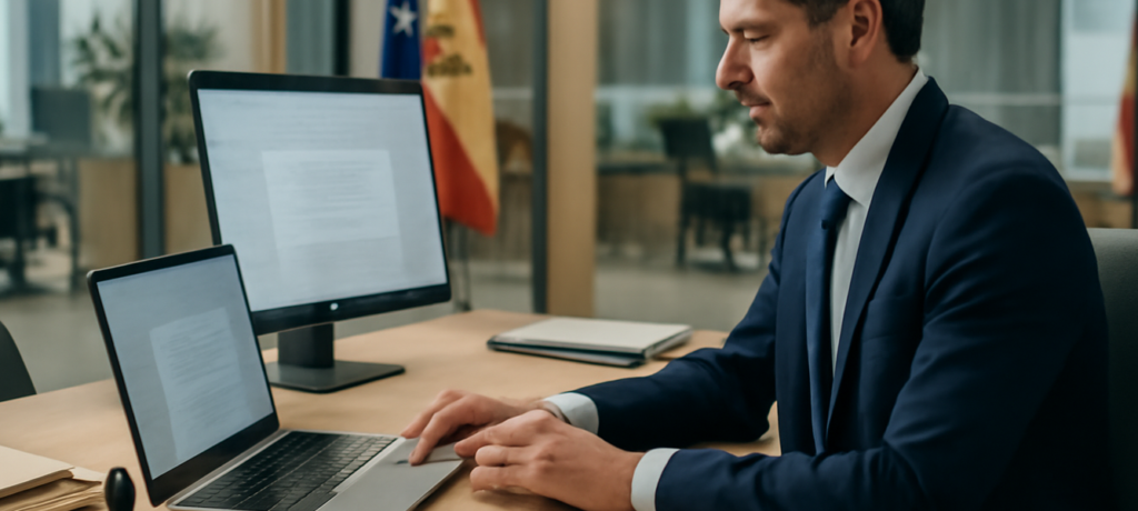 Consulente in ufficio moderno con laptop e documenti digitali per la notifica AEAT domicilio designato diverso dal