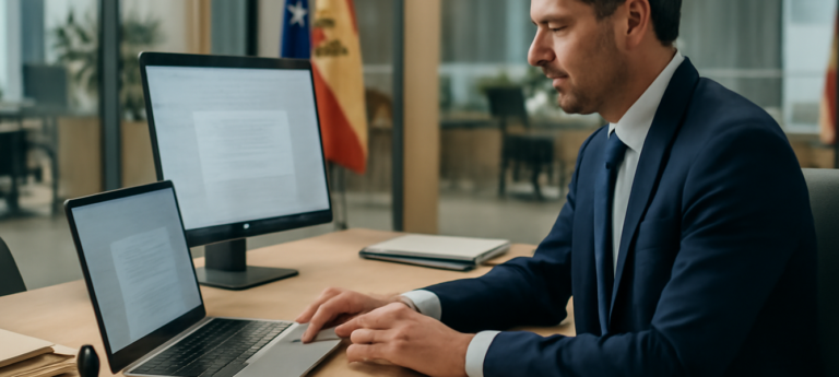 Consulente in ufficio moderno con laptop e documenti digitali per la notifica AEAT domicilio designato diverso dal