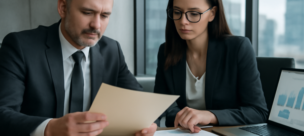 CEO e consulente legale esaminano documenti su prestiti SEPI imprese strategiche rimborso debito in un ufficio moderno