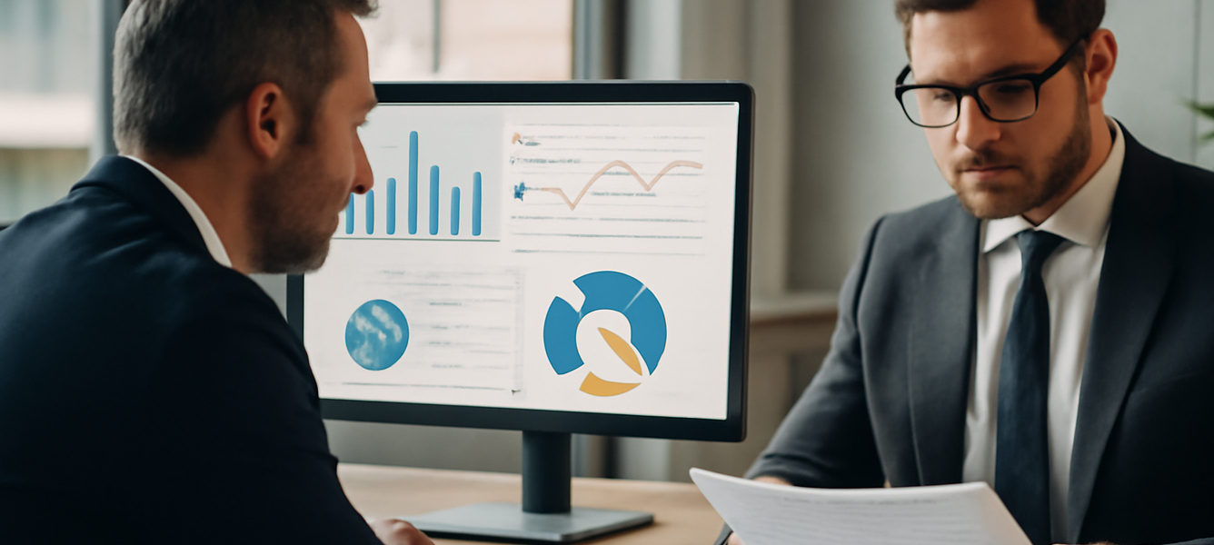 Ufficio moderno con consulente che analizza report aziendale per valutare rischio di insoluto e solvibilità cliente su