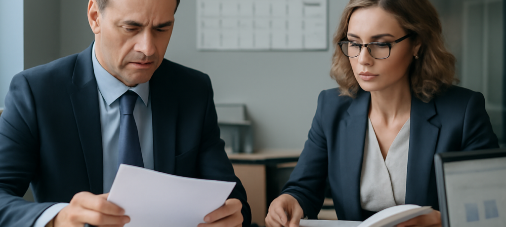 sanciones Inspección de Trabajo España 2025: ispettore e consulente HR controllano documenti in un ufficio moderno