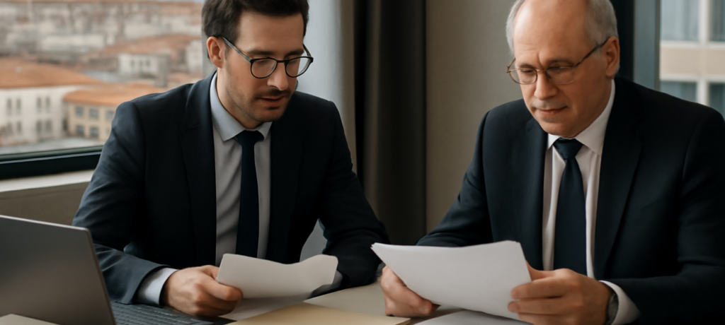 Consulente fiscale e notaio in studio legale con documenti su imposta di successioni e doppia imposizione eredità Spagna