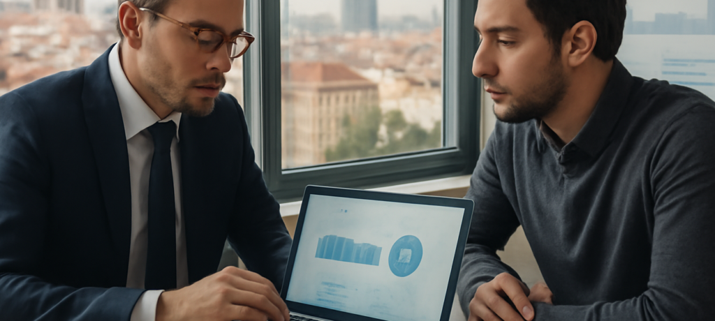 Consulente fiscale e cliente analizzano report su dividendi e investimenti in ufficio, tema tassazione dei dividendi in
