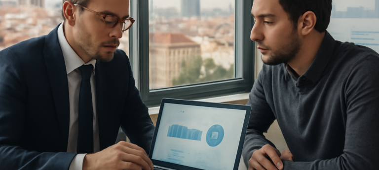 Consulente fiscale e cliente analizzano report su dividendi e investimenti in ufficio, tema tassazione dei dividendi in