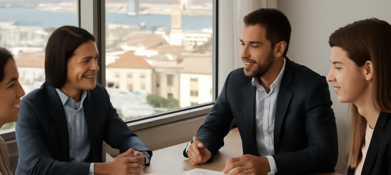 Ufficio moderno nelle Canarie con professionisti al lavoro, vista su porto e incentivi fiscali ZEC per imprese alle